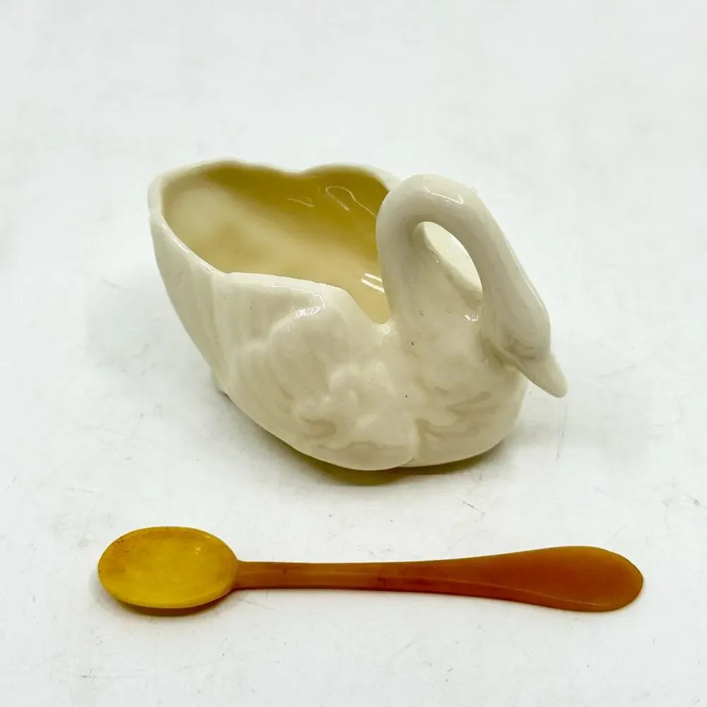 Vintage 1980's LENOX Porcelain Swan Open Salt Cellar w/ Horn Spoon